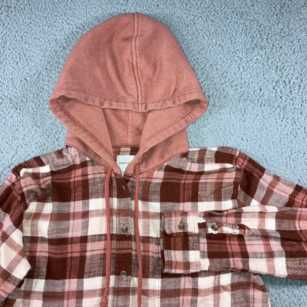 American Eagle Hooded Flannel Shirt Women Small Brown Pink Button Up Y2K Shacket